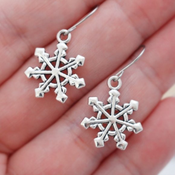Silver Snowflake Charm Earrings - Picture 6 of 8